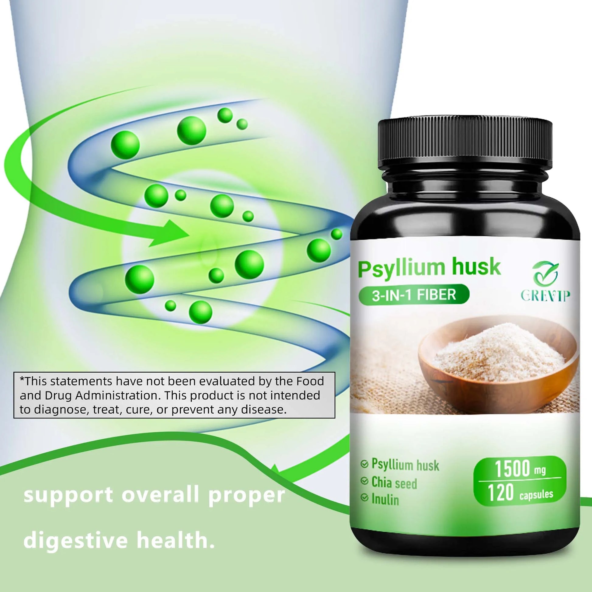 Psyllium Husk Supplement - Natural Soluble Fiber - Improve Digestion and Relieve Bloating, Intestinal Health - 120 Capsules