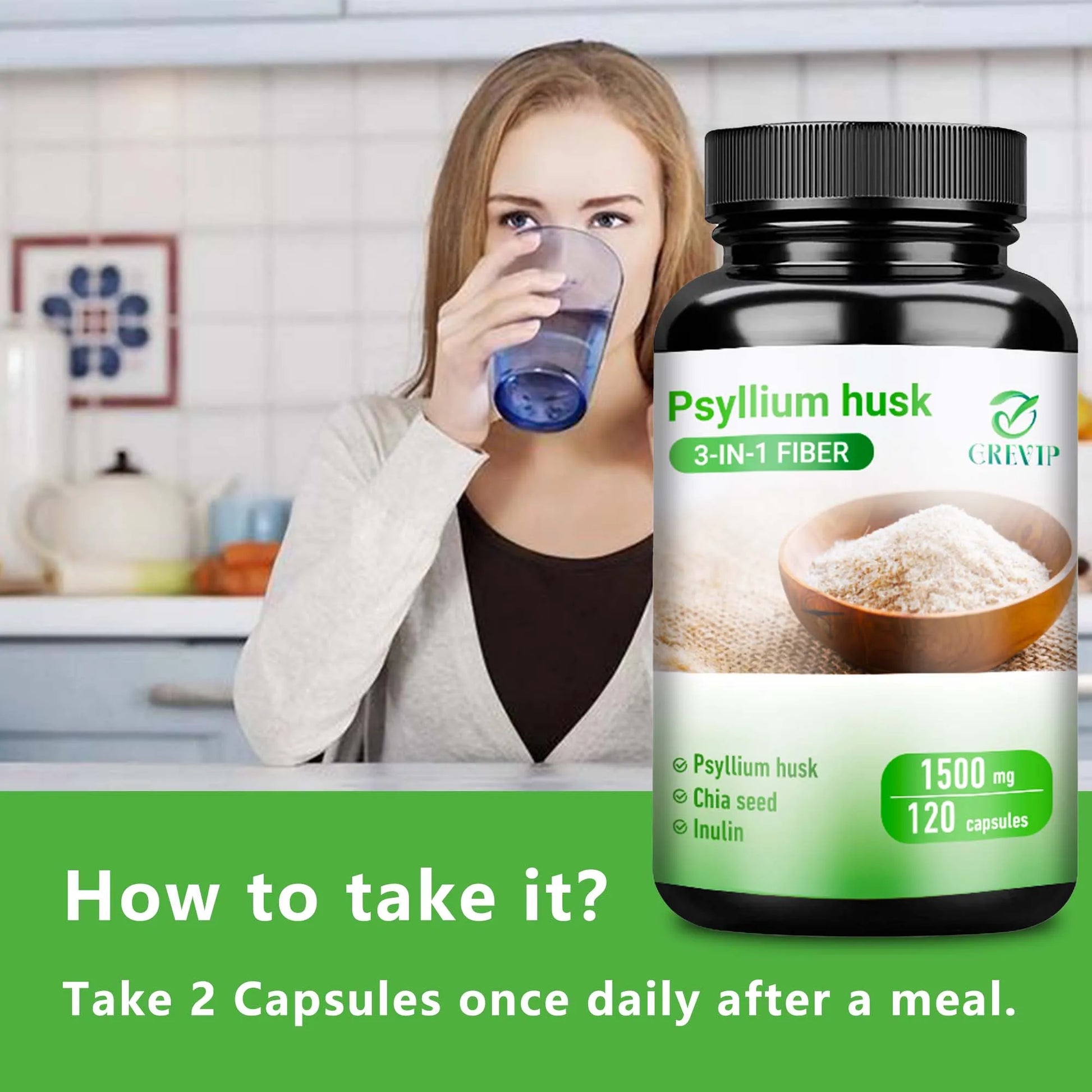 Psyllium Husk Supplement - Natural Soluble Fiber - Improve Digestion and Relieve Bloating, Intestinal Health - 120 Capsules