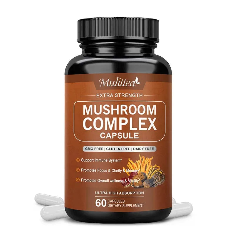 Mulittea 10x Mushroom Complex capsules with Lions Mane, Chaga Nootropic Brain Supplement for Memory and Focus Relief Stress