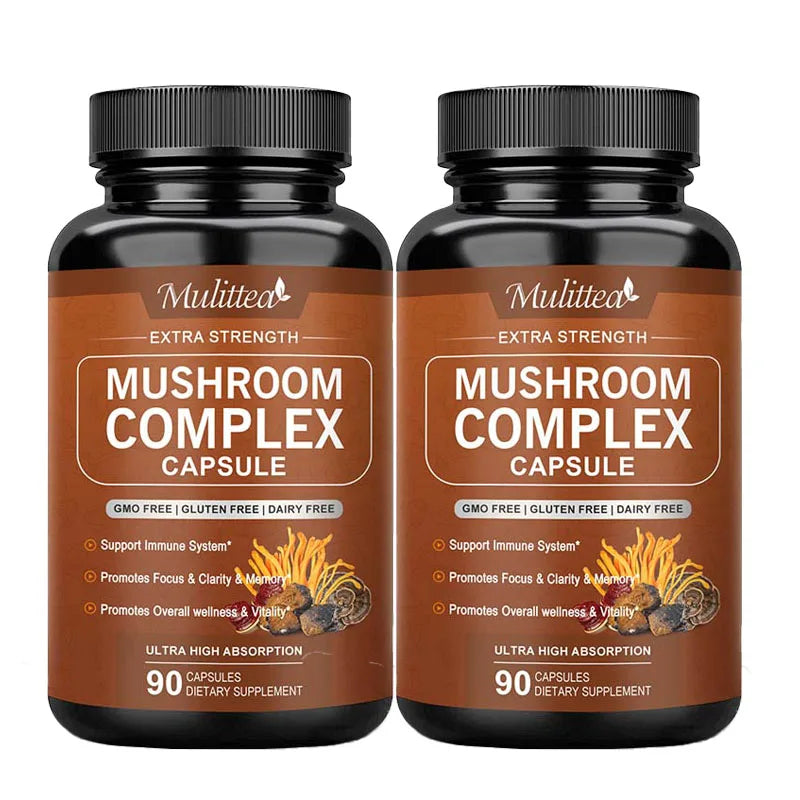 Mulittea 10x Mushroom Complex capsules with Lions Mane, Chaga Nootropic Brain Supplement for Memory and Focus Relief Stress