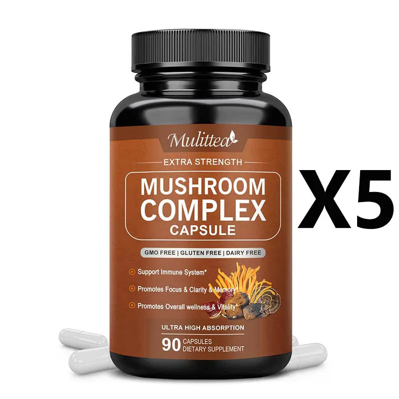 Mulittea 10x Mushroom Complex capsules with Lions Mane, Chaga Nootropic Brain Supplement for Memory and Focus Relief Stress