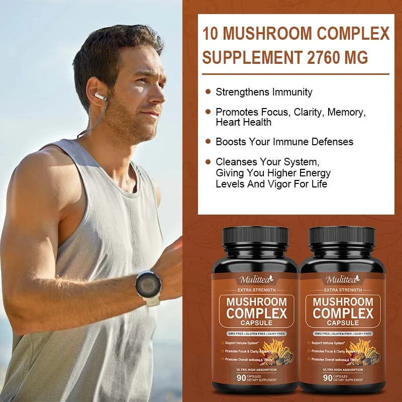Mulittea 10x Mushroom Complex capsules with Lions Mane, Chaga Nootropic Brain Supplement for Memory and Focus Relief Stress