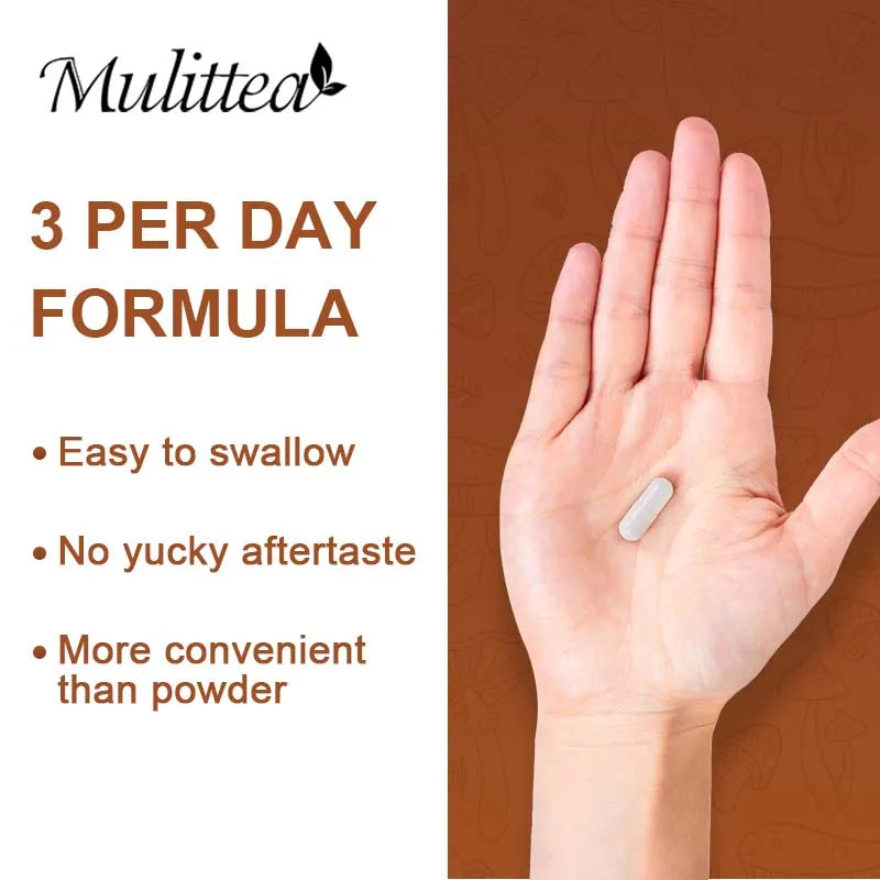 Mulittea 10x Mushroom Complex capsules with Lions Mane, Chaga Nootropic Brain Supplement for Memory and Focus Relief Stress